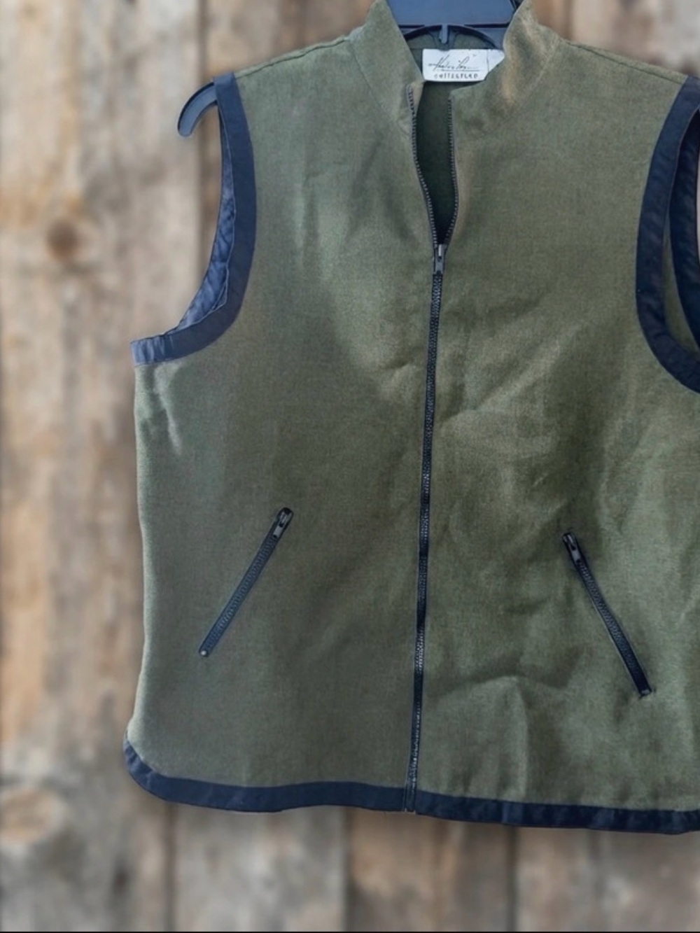 Kathie Lee Collection Olive Green Wool-Blend Zip Front Vest with Black Trim